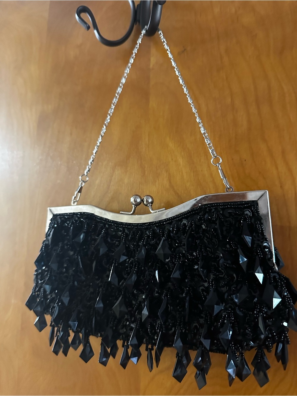 Black Beaded Evening Clutch with Chain Strap - Picture 2 of 3